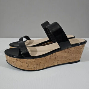 Stuart Weitzman Black Patent Cork Wedge Sandals